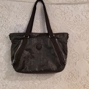Kipling Black Shoulder Tote with Dark Brown Straps